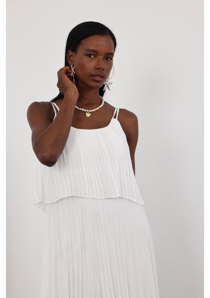 Beyaz Piliseli Şifon Elbise 00778 fiyatları