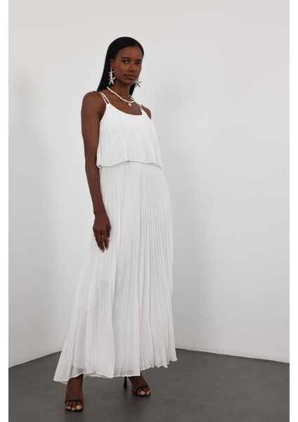 Beyaz Piliseli Şifon Elbise 00778 modelleri