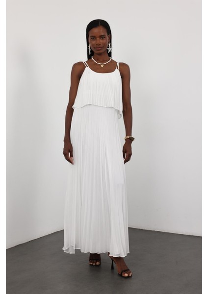 Beyaz Piliseli Şifon Elbise 00778 fırsatları