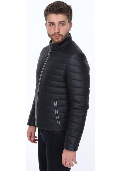 Hakiki Deri Siyah Şişme Fermuarlı Erkek Deri Ceket modelleri