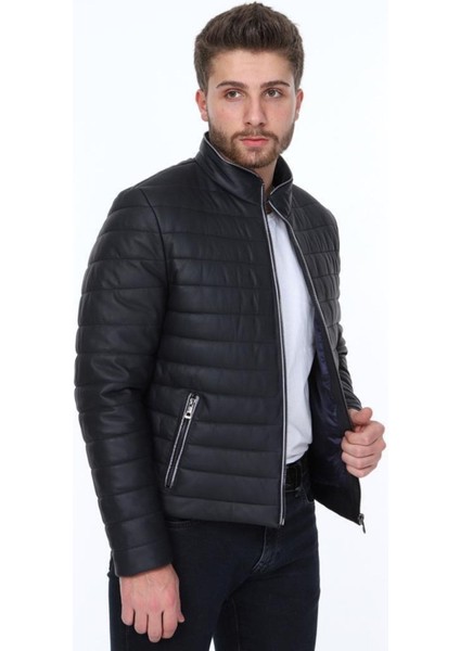 Hakiki Deri Siyah Şişme Fermuarlı Erkek Deri Ceket fırsatları