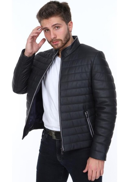 Hakiki Deri Siyah Şişme Fermuarlı Erkek Deri Ceket indirimleri
