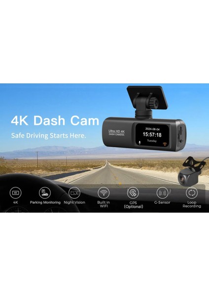 Hd Araç Kamerası Çift Yönlü Dash Cam - 4K UHD Ön ve 1080P Fhd Arka Kameralı, Wifi ve Telefon Uygulaması ile Kontrol, 64GB Sd Kart Desteği (Dahil Değildir), Park Modu, Döngüsel Kayıt V22