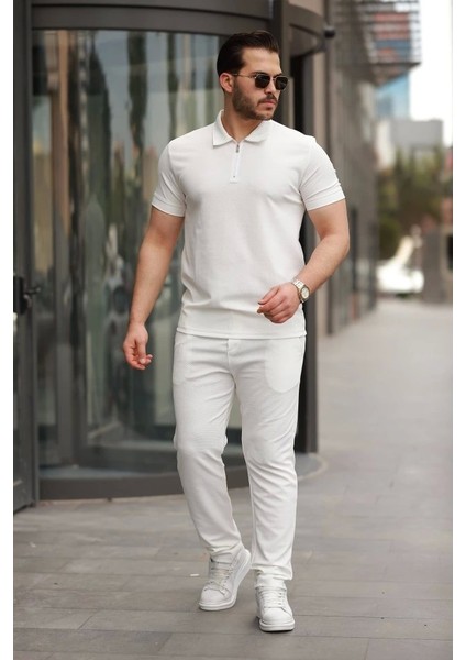 Erkek Yakalı Fermuarlı T-Shirt Pantolon Ikili Rahat Takım