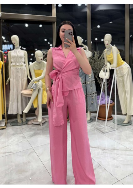Tarni Beli Lastiklı Rahat Kalıp Bol Paça Pantolon Pembe