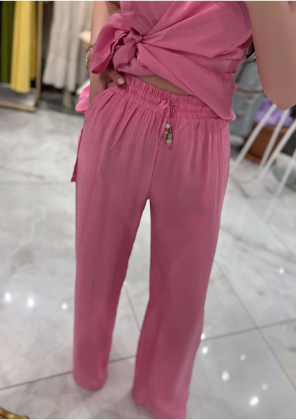 Tarni Beli Lastiklı Rahat Kalıp Bol Paça Pantolon Pembe fiyatları