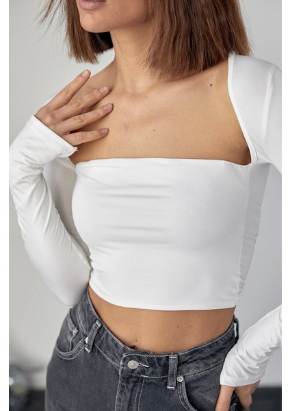 Konfor Modeli Yeni Sezon Yumuşak Dokulu Viskon Uzun Kollu Kare Yaka Basic Esnek Örme Crop Bluz