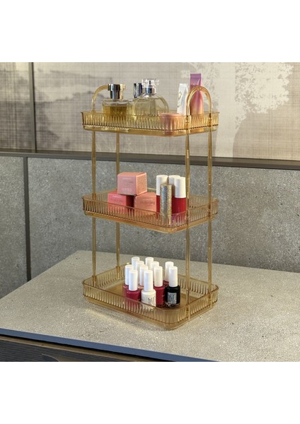 3 Katlı Makyaj Organizeri Kozmetik Aksesuar Düzenleyici Banyo Rafı Amber Sarı (Dayanıklı Poli̇karbonat)