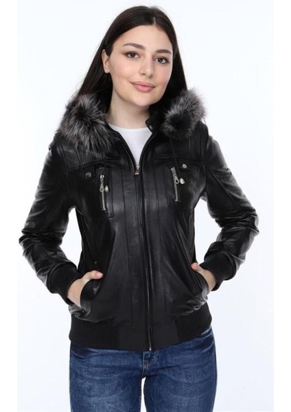 Hakiki Deri Siyah Yakası Kürklü Vidal Kadın Ceket