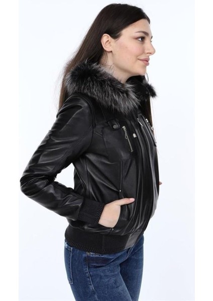 Hakiki Deri Siyah Yakası Kürklü Vidal Kadın Ceket fırsatları