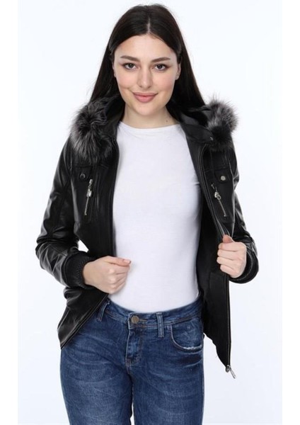 Hakiki Deri Siyah Yakası Kürklü Vidal Kadın Ceket indirimleri