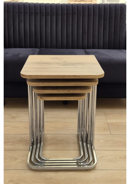 4'lü Tekerlekli Zigon Sehpa Gümüş Ayak Atlantik Çam 18MM Mdf