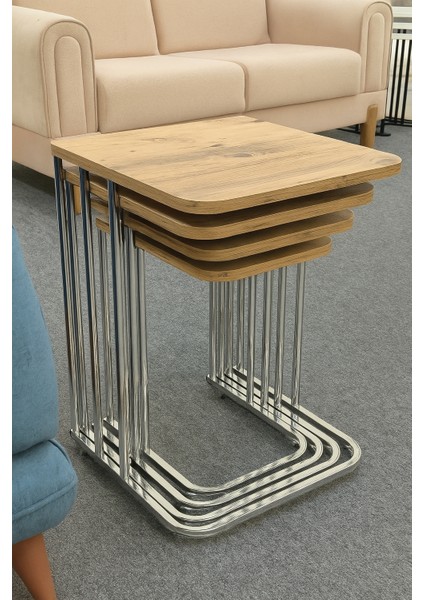 4'lü Tekerlekli Zigon Sehpa Gümüş Ayak Atlantik Çam 18MM Mdf