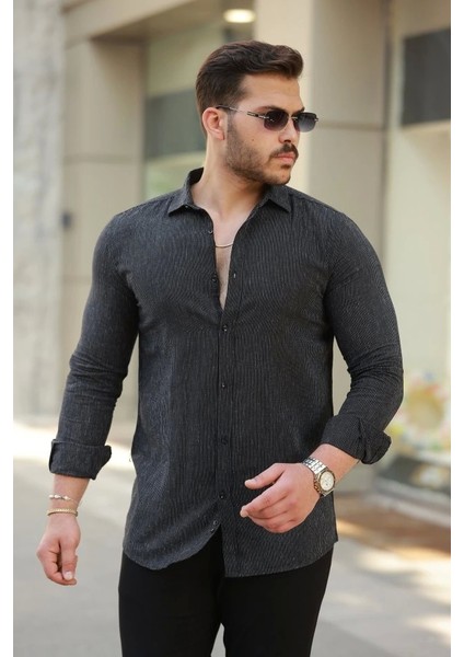 Erkek Çizgi Desenli Uzun Kollu Pamuklu Keten Gömlek