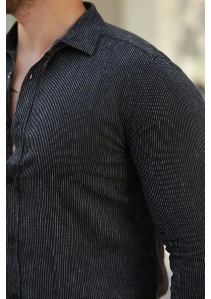 Erkek Çizgi Desenli Uzun Kollu Pamuklu Keten Gömlek modelleri