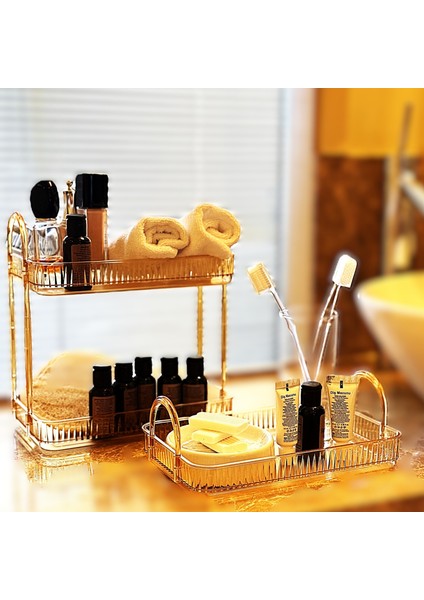 Makyaj Organizeri Kozmetik Aksesuar Düzenleyici Banyo Rafı Seti Amber Sarı (2 Katlı + Tek Katlı)
