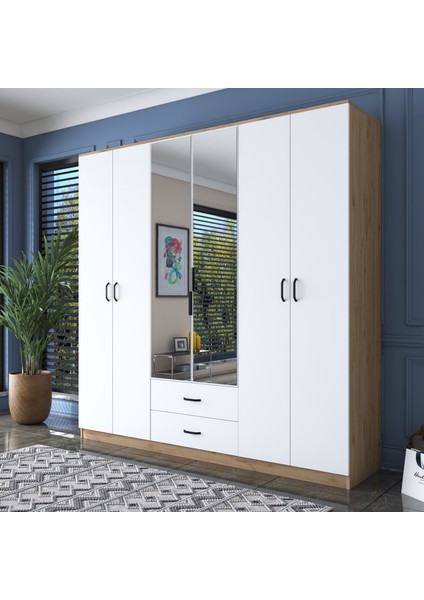 BA130 Geniş Gardırop Elbise Dolabı Aynalı Kapaklı 2 Çekmeceli 6 Raflı 3 Askılı Sepet Ceviz - Beyaz