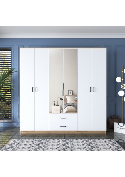 BA130 Geniş Gardırop Elbise Dolabı Aynalı Kapaklı 2 Çekmeceli 6 Raflı 3 Askılı Sepet Ceviz - Beyaz fırsatları