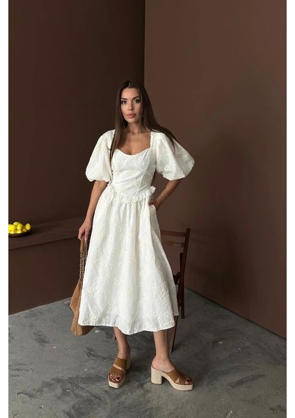 Ekru Balon Kollu Dantelli Brode Elbise fiyatları