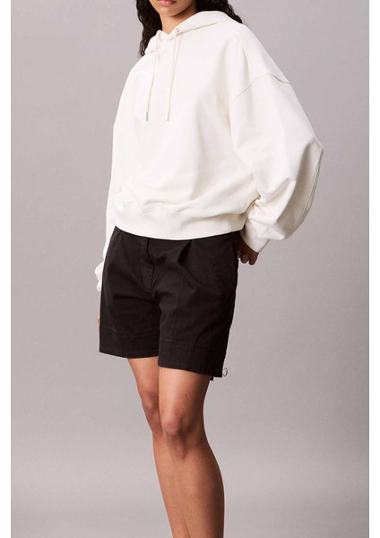 Kadın Kapüşonlu Nakış Logolu Sweatshirt - Ekru