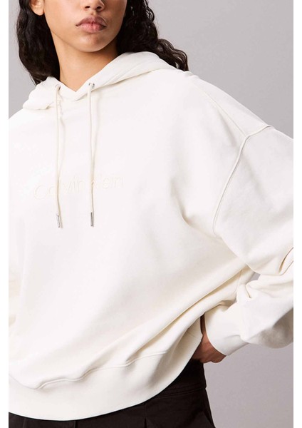 Kadın Kapüşonlu Nakış Logolu Sweatshirt - Ekru fiyatları