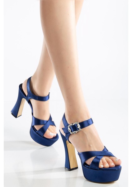 Platformlu Saten Taşlı Lacivert Kadın Topuklu Abiye Ayakkabı