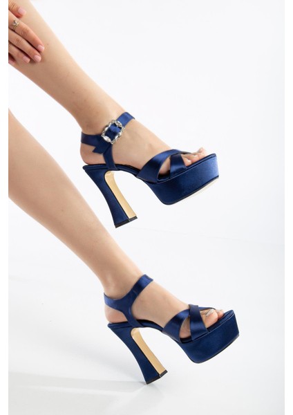 Platformlu Saten Taşlı Lacivert Kadın Topuklu Abiye Ayakkabı fiyatları