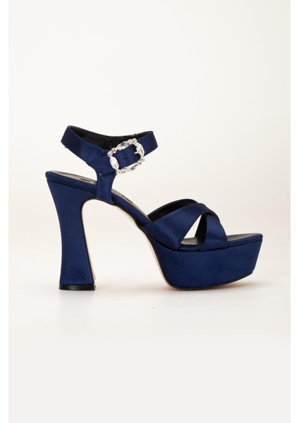 Platformlu Saten Taşlı Lacivert Kadın Topuklu Abiye Ayakkabı indirimleri