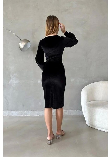 Kadın Kadife Kumaş Kruvaze Yaka Balon Kol ve Yırtmaç Detaylı Midi Boy Elbise fiyatları