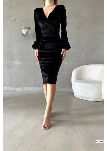 Kadın Kadife Kumaş Kruvaze Yaka Balon Kol ve Yırtmaç Detaylı Midi Boy Elbise modelleri