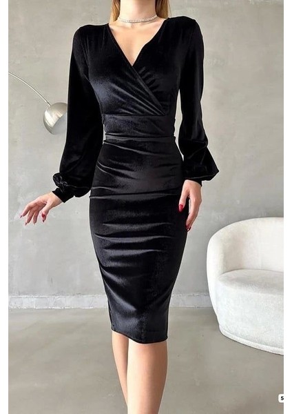 Kadın Kadife Kumaş Kruvaze Yaka Balon Kol ve Yırtmaç Detaylı Midi Boy Elbise fırsatları