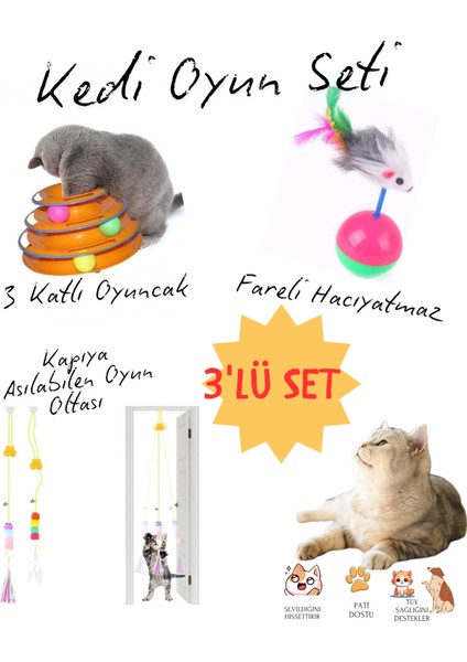 Kedi Oyun Seti Interaktif Oyuncaklar Yapışkanlı Kedi Oltası Hacıyatmaz 3 Katlı Kedi Oyuncağı