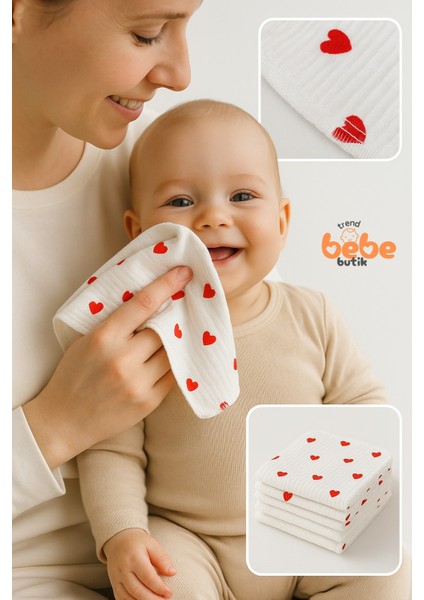 7’li Kalp Desenli Pamuk Ribana Bebek Ağız Mendili Yumuşak & Emici Ağız Bezi Seti