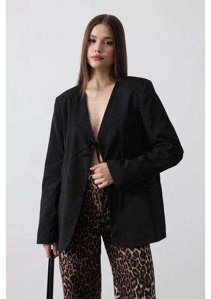 Önü Bağlamalı Blazer Ceket - Siyah