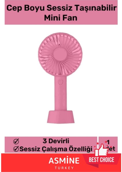 Pembe Mini USB Şarjlı 3 Kademe Sessiz Taşınabilir Soğutucu Vantilatör