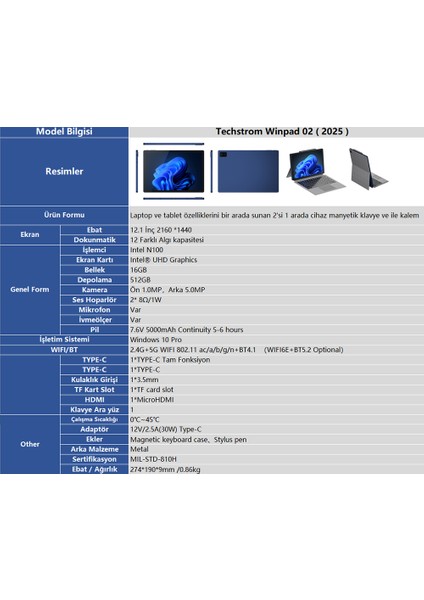 Winpad P02 12.1" Ekran Intel N100 İşlemci 16 GB Ram 512 GB SSD Win10Pro Tablet + Klavye + Kalem (2025) fırsatları