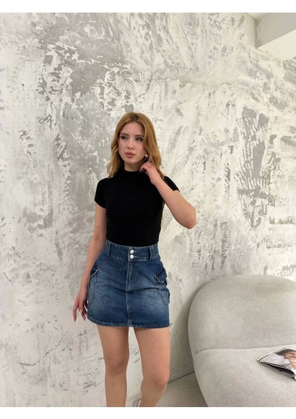 Kadın Yeni Sezon Siyah Kısa Kollu Bisiklet Yaka Bodycon Basic Viskon Yumuşak Dokulu Örme Bluz
