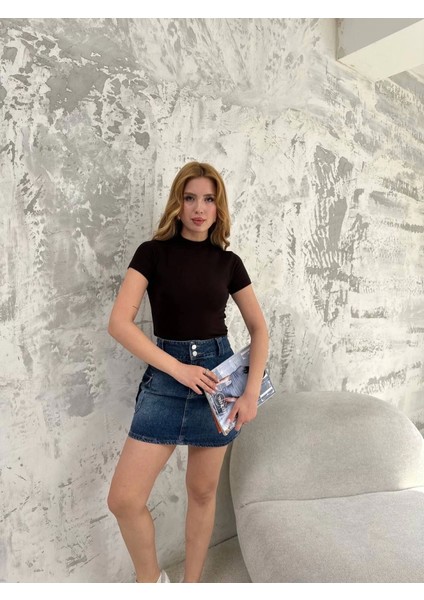 Kadın Yeni Sezon Siyah Kısa Kollu Bisiklet Yaka Bodycon Basic Viskon Yumuşak Dokulu Örme Bluz