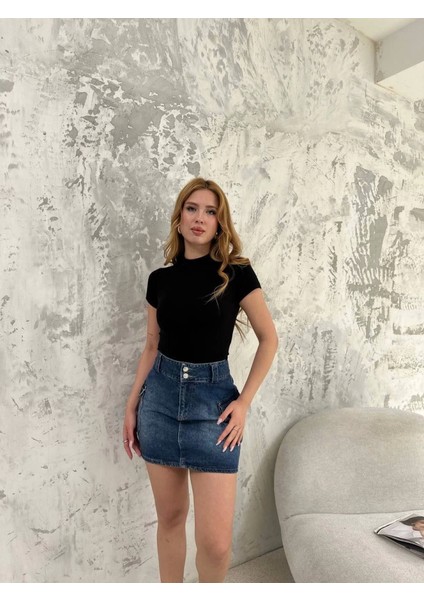 Kadın Yeni Sezon Siyah Kısa Kollu Bisiklet Yaka Bodycon Basic Viskon Yumuşak Dokulu Örme Bluz