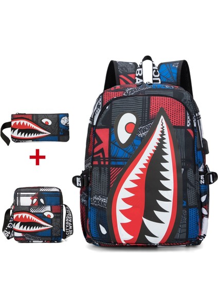 Yeni Öğrenci Moda Okul Çantası Köpekbalığı Kişilik Desen Baskı Hafif Günlük Çanta Cüzdan ve Omuz Çantası ile Basit Sırt Çantası (Yurt Dışından)