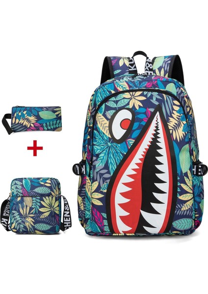 Yeni Öğrenci Moda Okul Çantası Köpekbalığı Kişilik Desen Baskı Hafif Günlük Çanta Cüzdan ve Omuz Çantası ile Basit Sırt Çantası (Yurt Dışından)