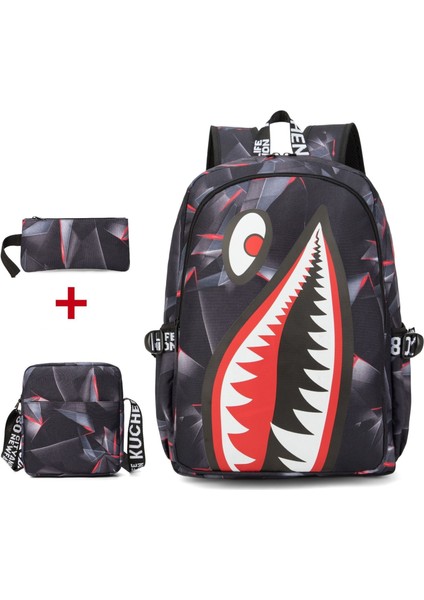 Yeni Öğrenci Moda Okul Çantası Köpekbalığı Kişilik Desen Baskı Hafif Günlük Çanta Cüzdan ve Omuz Çantası ile Basit Sırt Çantası (Yurt Dışından)