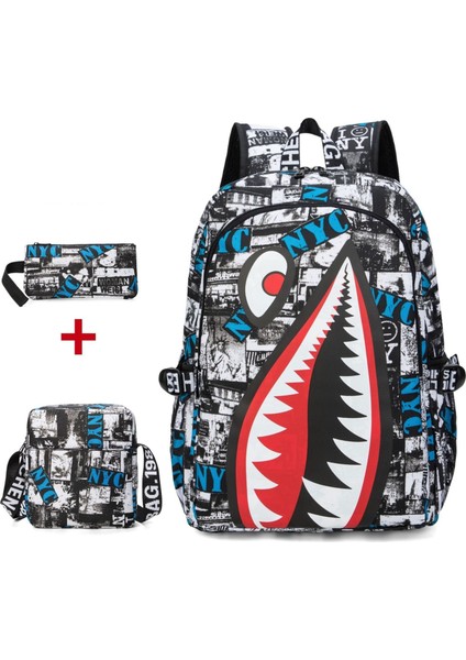 Yeni Öğrenci Moda Okul Çantası Köpekbalığı Kişilik Desen Baskı Hafif Günlük Çanta Cüzdan ve Omuz Çantası ile Basit Sırt Çantası (Yurt Dışından)