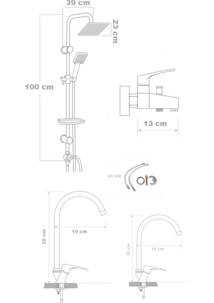 Siyah 4 Lü Banyo Seti Mutfak, Lavabo, Banyo Bataryası Duş Seti
