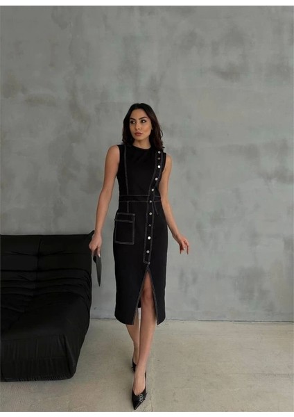 Gabardin Kalem Elbise Düğme ve Yırtmaç Detaylı - Bej