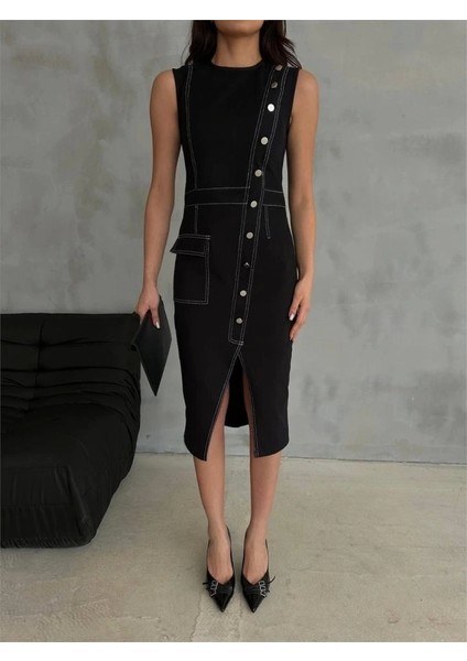 Gabardin Kalem Elbise Düğme ve Yırtmaç Detaylı - Bej fiyatları