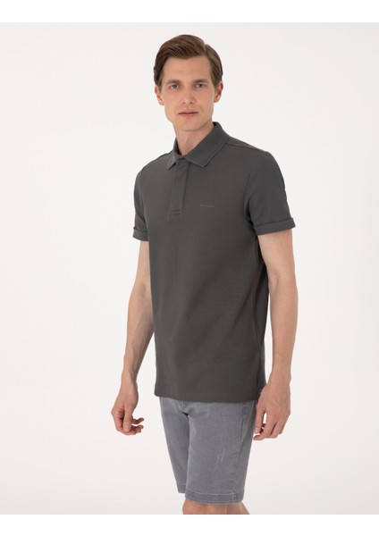 Erkek Gri Slim Fit %100 Pamuk Kıvrılmaz Amerikan Pike Polo Yaka Basic Tişört 50306154-VR024