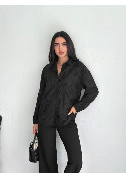 Kadın Konfor Modeli Siyah Varak Desenli Işlemeli Dantel Desenli Oversize Regular Tasarım Gömlek