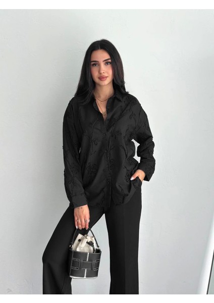 Kadın Konfor Modeli Siyah Varak Desenli Işlemeli Dantel Desenli Oversize Regular Tasarım Gömlek