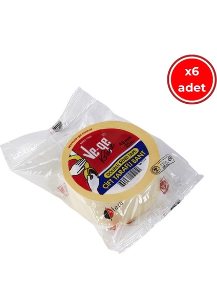 Çift Taraflı Bant, 6 Adet, 48 mm x 25 M, Şeffaf, Iz Bırakmaz